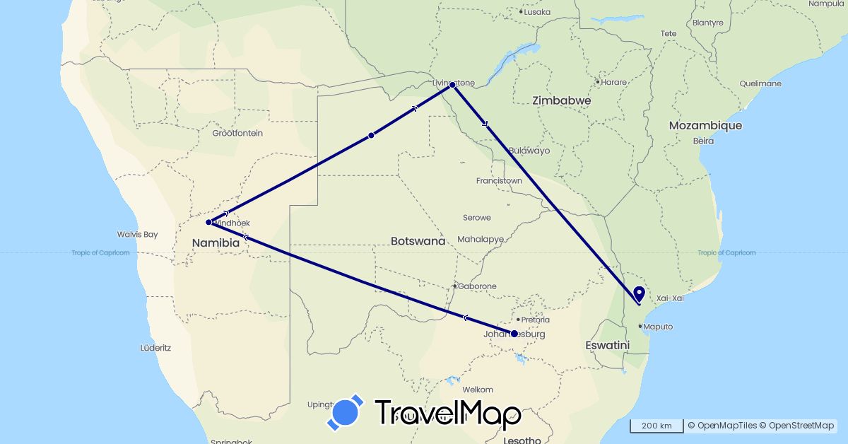 TravelMap itinerary: driving in Botswana, Mozambique, Namibia, South Africa, Zimbabwe (Africa)